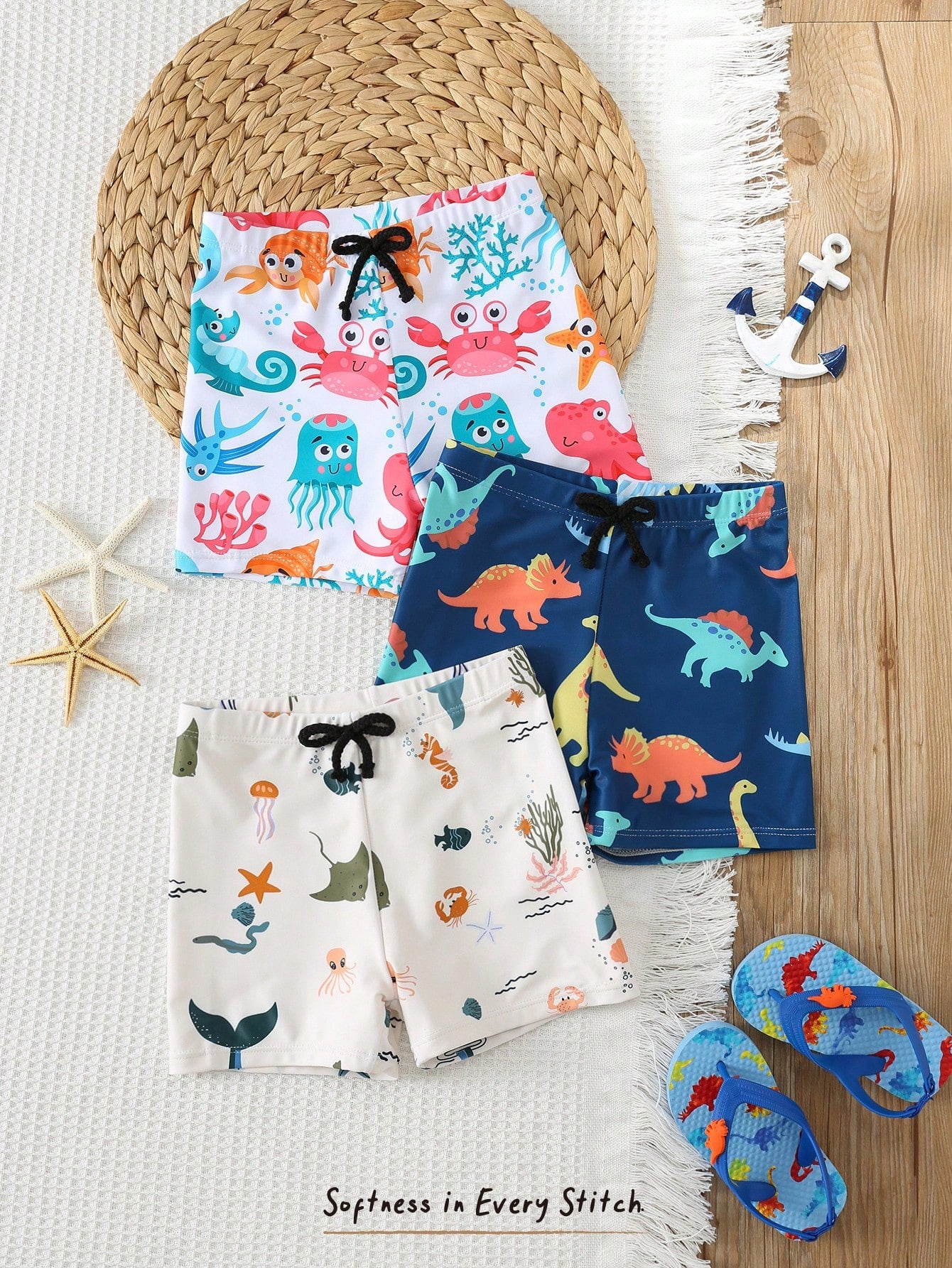 3pcs Young Boy Leisure Vacation Net Color Dopamine Dinosaur Shark Print Color Loose Woven Beach Swimsuit Multi Piece Set, Three Color Three Pieces Set Shorts Swimsuit Beach Swimming Beach Surfing Vacation Spring And Summer
