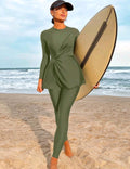 Solid Color Side Twist Long Sleeve Top And Pants Bikini Set, Suitable For Beach Vacation Summer