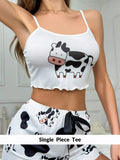 DUSKBASE Women's Cow Printed Camisole With Round Neckline And Lace Trimmed Straps, Pajama Cami Top (Without Shorts)