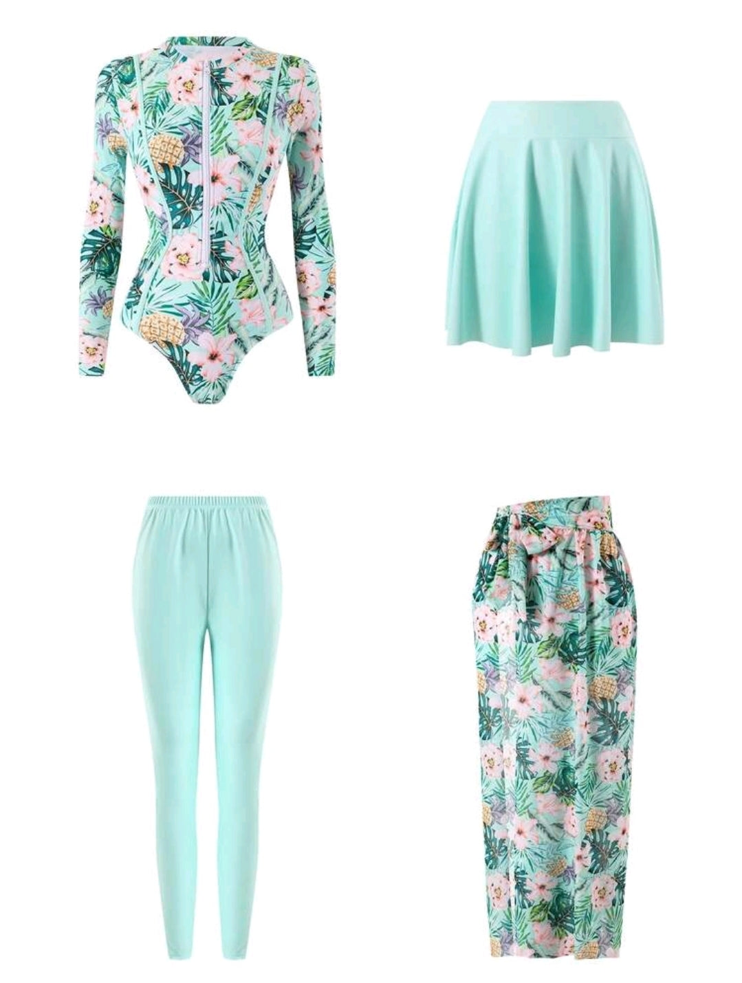 Swim Mulvari Women's 4-Piece Set, New Spring/Summer Tropical Floral Print Jumpsuit, Sheer Skirt, And Slim Fit Pants, Minimalist Yet Fashionable Vacation Swimwear, Spring/Summer