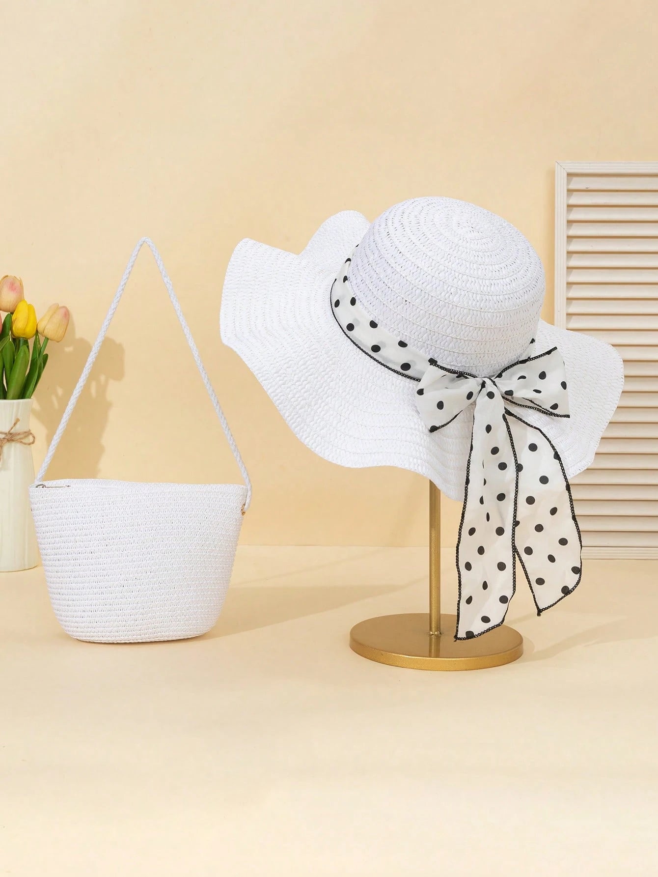 2pcs Women Khaki Wavy Bow Beach Sun Hat & Straw Crossbody Bag Set, Suitable For Beach Vacation