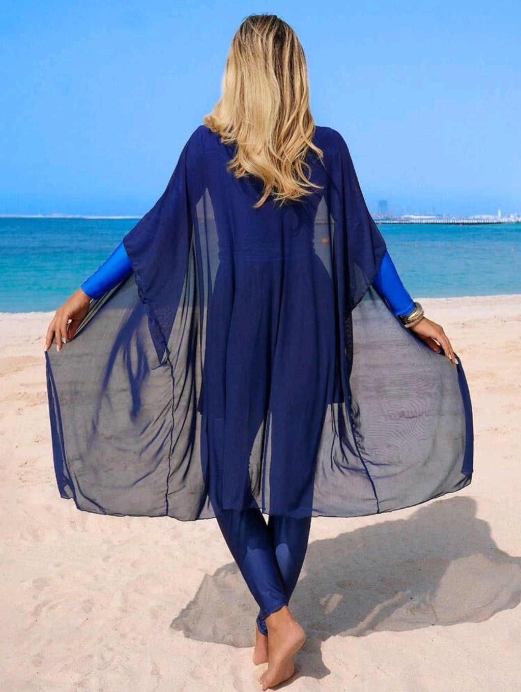 Swim Mulvari 3pcs/Set Women's Gradient Print Covered Waist Tie Swimsuit With Long Sleeve Dress And Pants, Suitable For Pool Party, Beach Vacation, Daily Wear, Fashionable Young Women Swimwear