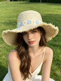 1pc New Straw Hat, Beach Vacation Style, Photo Shooting, Blue And White Flower Straw Hat For Women, Versatile, Simple Sunshade And Sunscreen Hat, Large Brim, Fresh Pastoral Style, Fashionable And Versatile Flat Top Lace Sun Hat For Women, Straw Hat For Ou