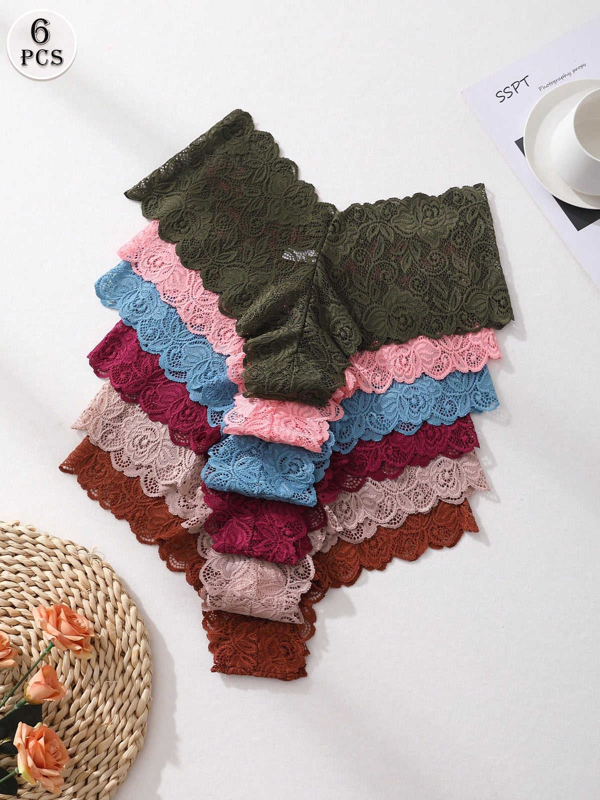 6pcs Women's Sexy Lace Mid-Waist Seamless Panties, Butt Lifting Shapewear Striped Underwear