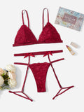 Elorette 3pack Floral Lace Bow Front Thong Garter Lingerie Set Bow Tie