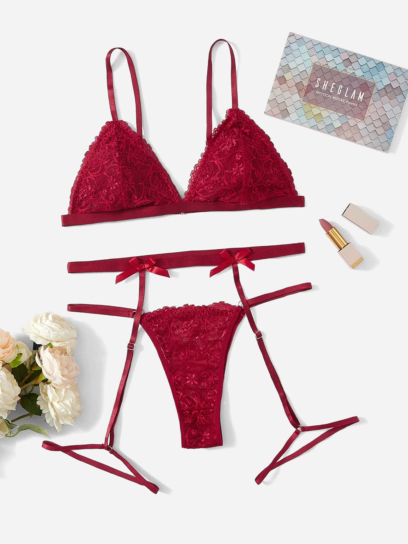 Elorette 3pack Floral Lace Bow Front Thong Garter Lingerie Set Bow Tie