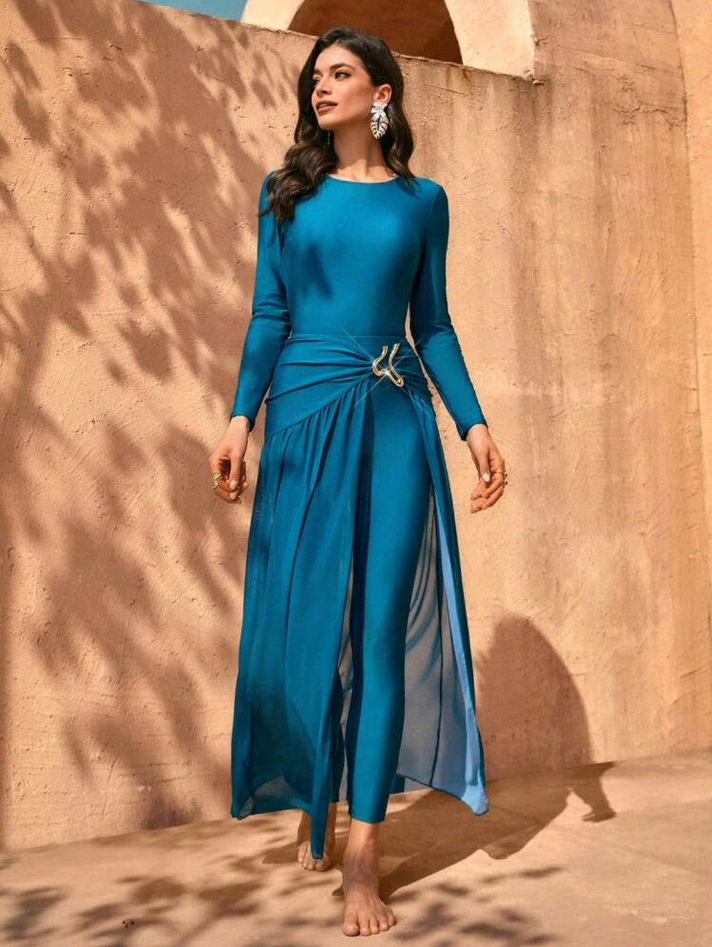 Swim Mulvari Elegant Teal Women's Long-Sleeve Jumpsuit & Sheer Skirt Set -Asymmetrical Metal Buckle & Long Pants Style, Ideal For Vacations Or Festive Occasions