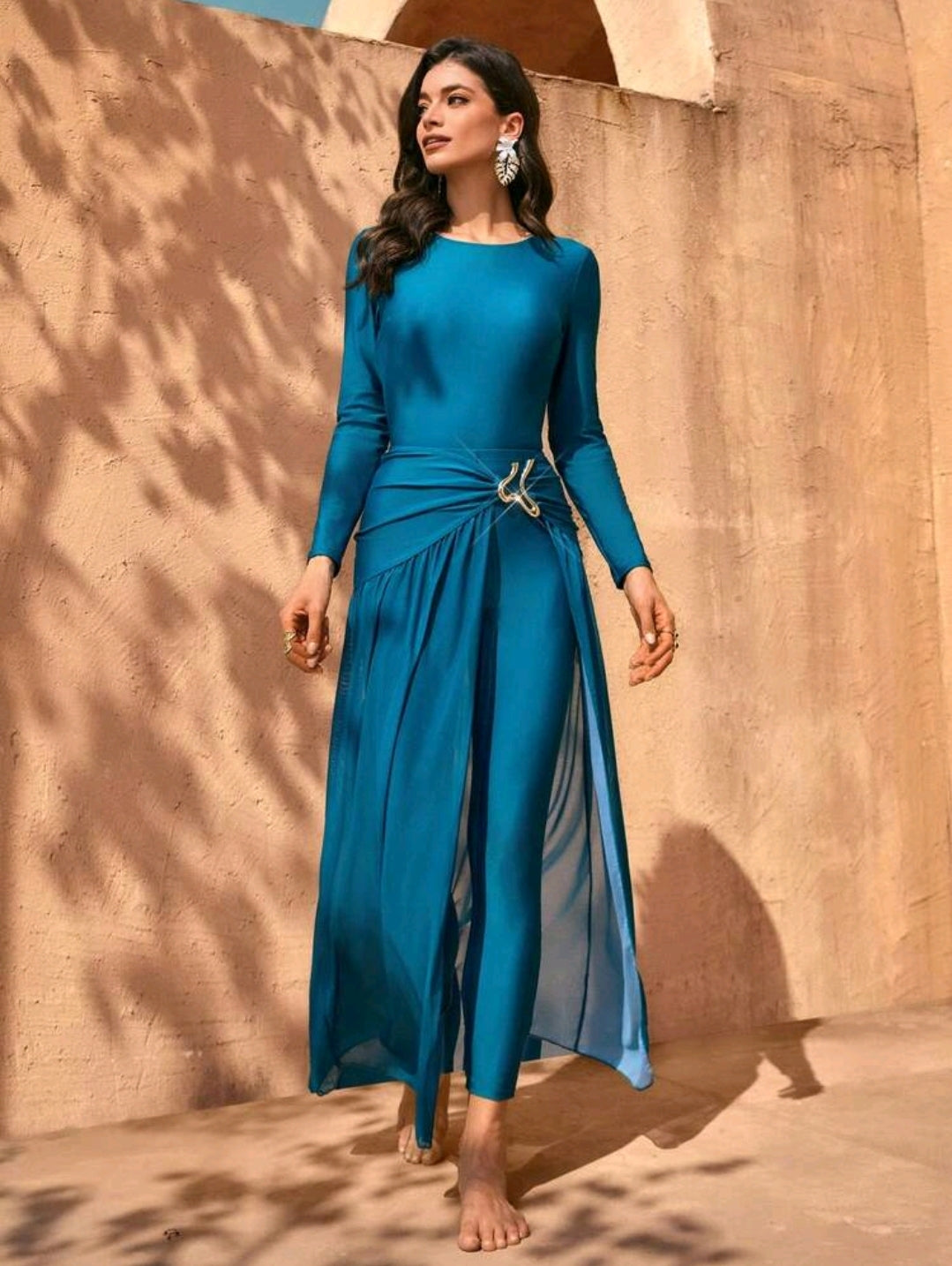 Swim Mulvari Elegant Teal Women's Long-Sleeve Jumpsuit & Sheer Skirt Set -Asymmetrical Metal Buckle & Long Pants Style, Ideal For Vacations Or Festive Occasions