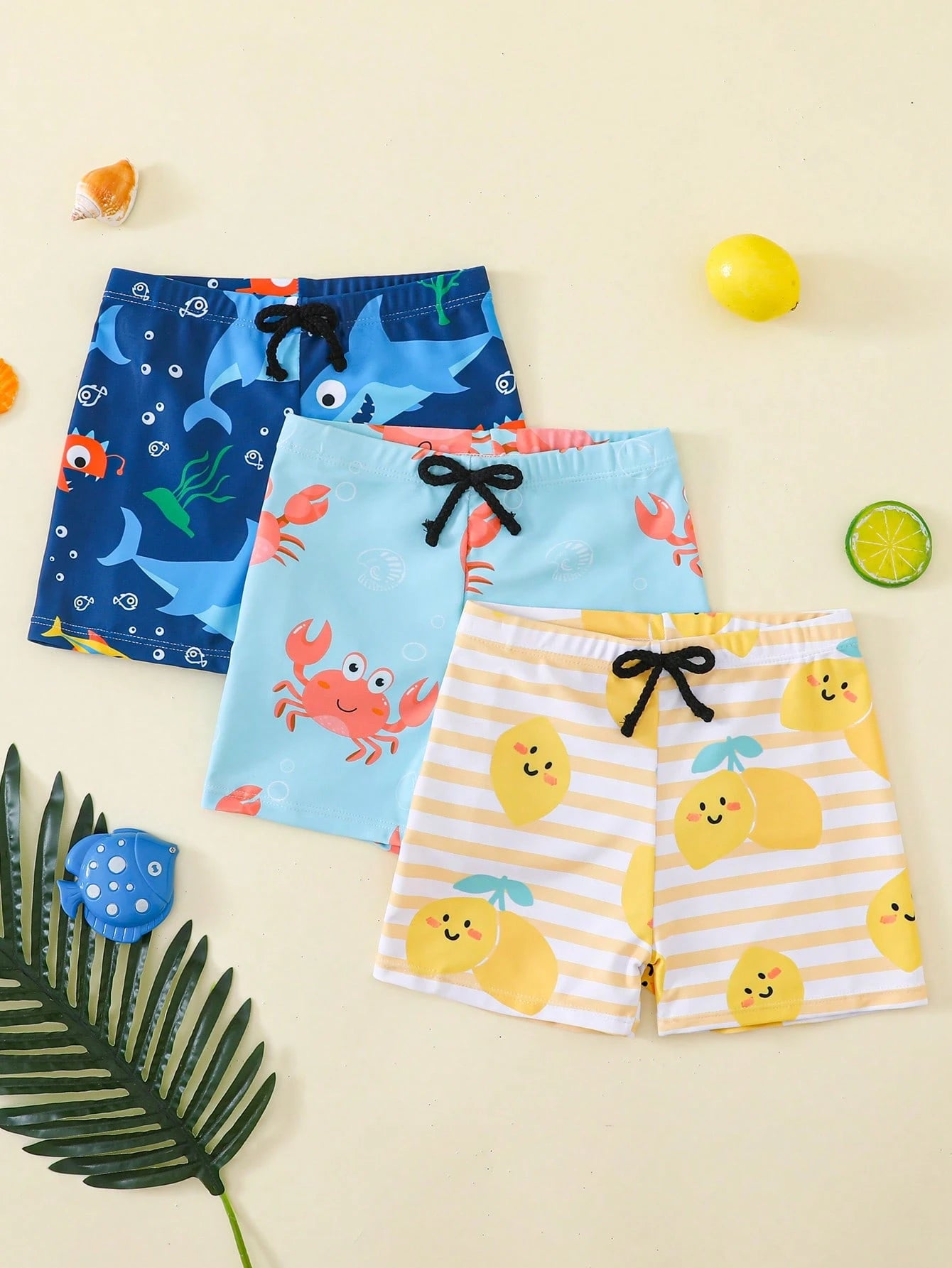 3pcs Young Boy Leisure Vacation Net Color Dopamine Dinosaur Shark Print Color Loose Woven Beach Swimsuit Multi Piece Set, Three Color Three Pieces Set Shorts Swimsuit Beach Swimming Beach Surfing Vacation Spring And Summer