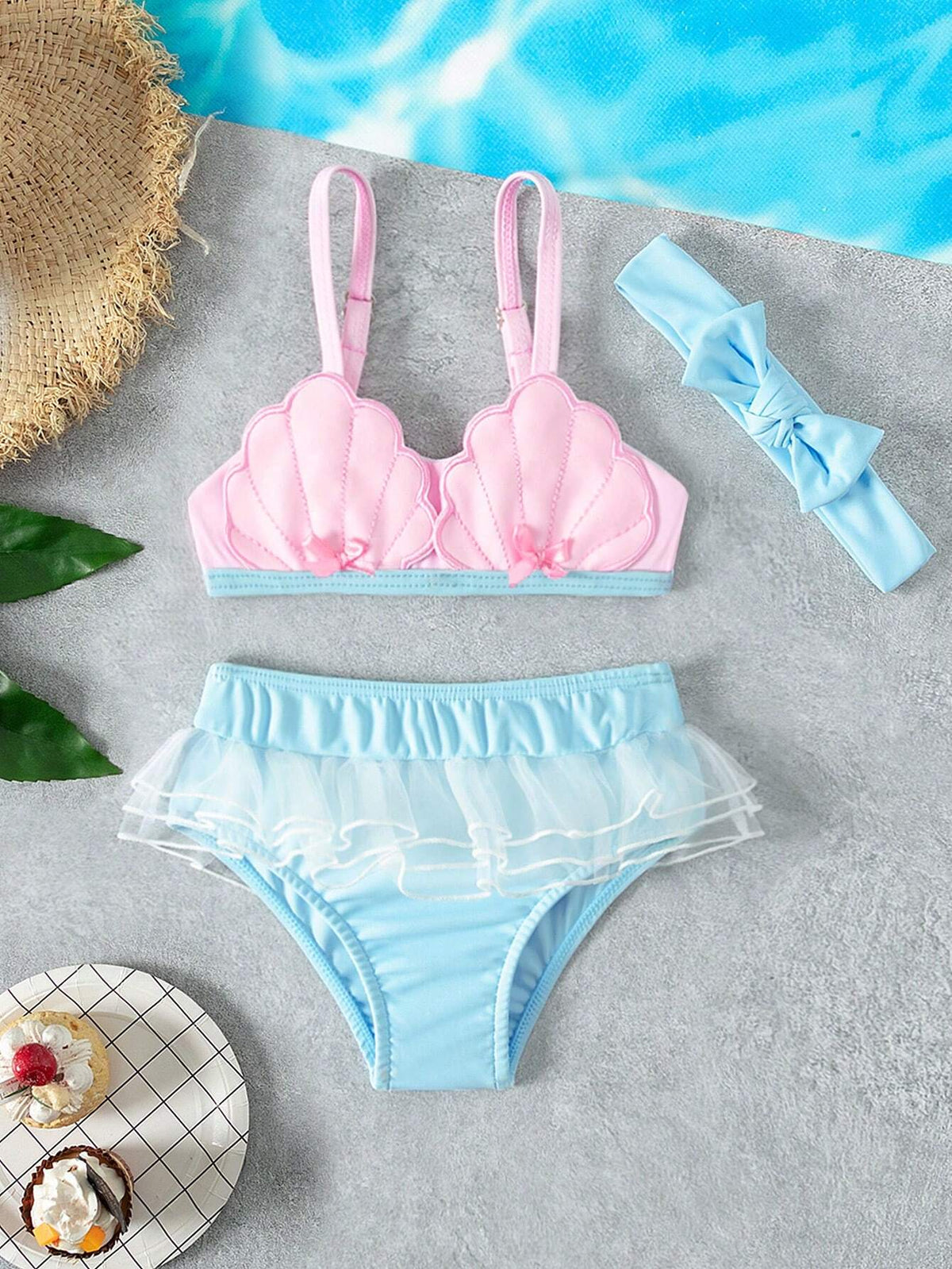SHEIN Baby Girl Summer Vacation Cute Shell Embroidery Bow Decor Swimsuit Set, Beachwear, Sweet Shell Swimsuit Set For Girls, Baby High-Waisted Netting Skirt And Pants + Hairband Swimsuit,Essential For Baby Vacation