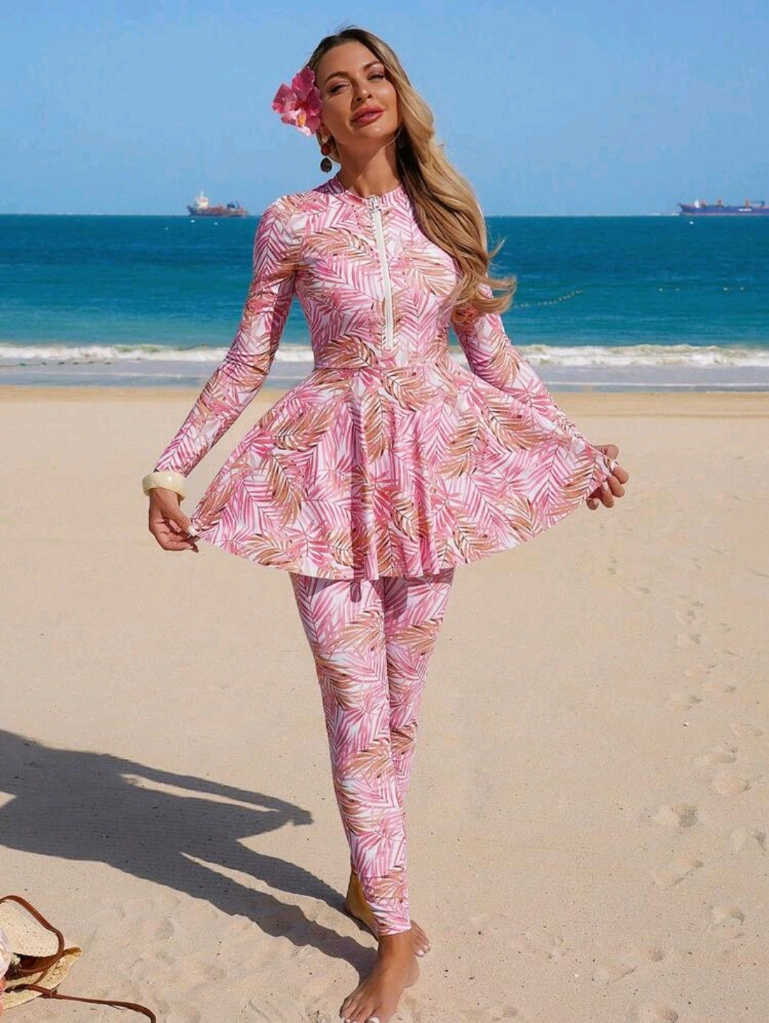 Swim Shayni 2026SS Pink Elegant & Comfortable Vacation Casual Beach Burkini For Women 2026SS New Women's Swimwear Arrival For Holiday, Date, Western, Cruise, Beach, Island, Road Trip, All Seasons, Music Festival, Boho Vacation,Bohemian Vacation, Chill Aut