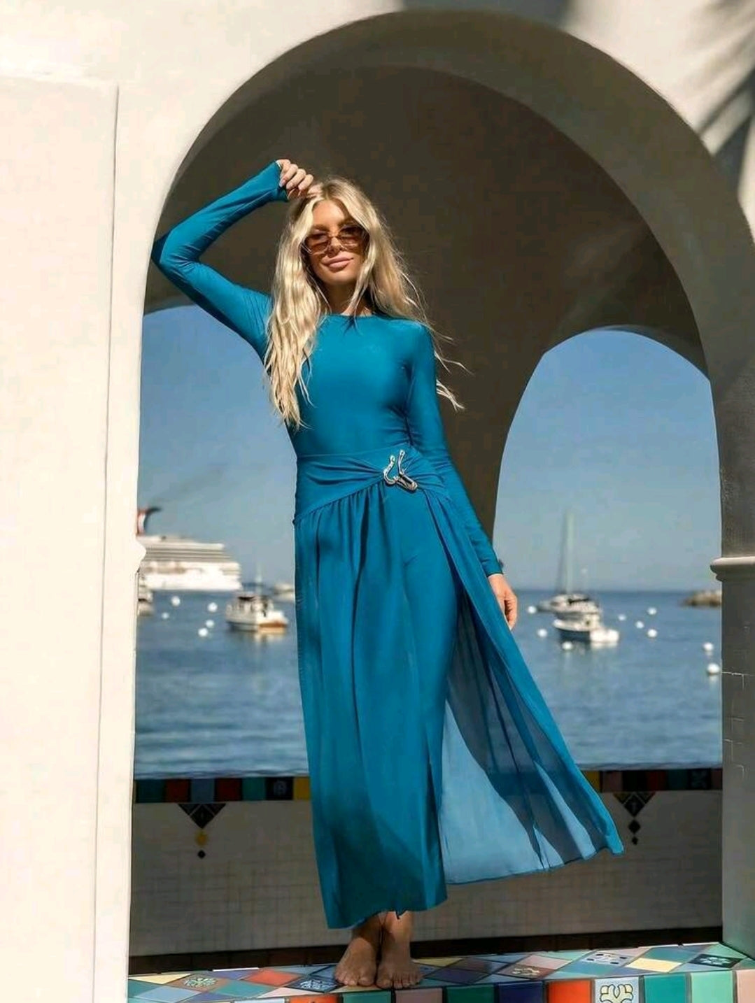 Swim Mulvari Elegant Teal Women's Long-Sleeve Jumpsuit & Sheer Skirt Set -Asymmetrical Metal Buckle & Long Pants Style, Ideal For Vacations Or Festive Occasions
