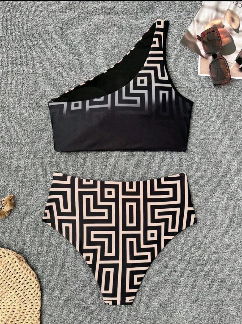 Swim Chiccia Women's Fashion Beach Outfit, Geometric Gradient Print Bikini Set, Oblique Shoulder Beach Party Vacation Elegant Bikini, High Waist Ruched Bodycon Bikini Two Pieces Swimwear