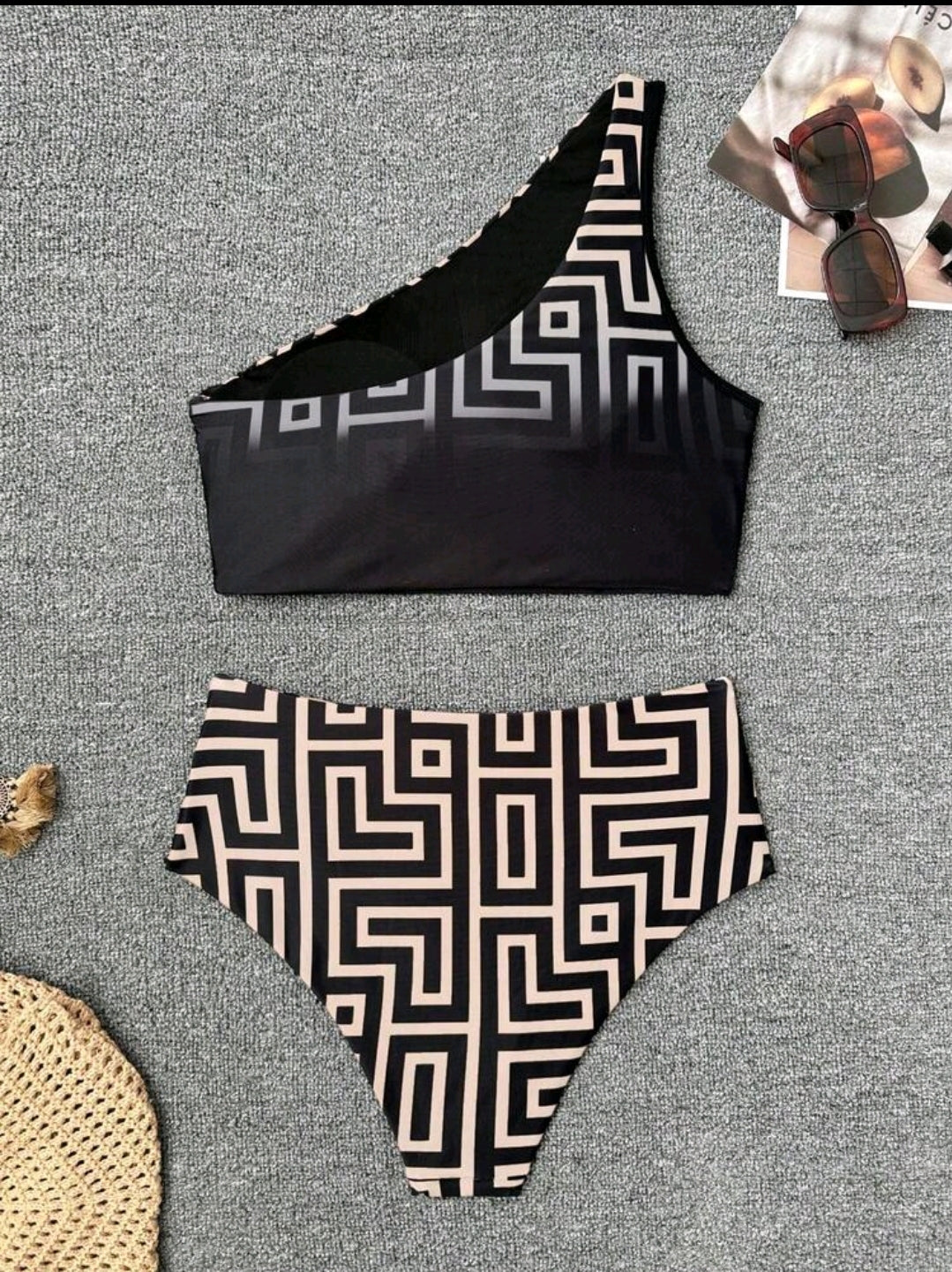 Swim Chiccia Women's Fashion Beach Outfit, Geometric Gradient Print Bikini Set, Oblique Shoulder Beach Party Vacation Elegant Bikini, High Waist Ruched Bodycon Bikini Two Pieces Swimwear