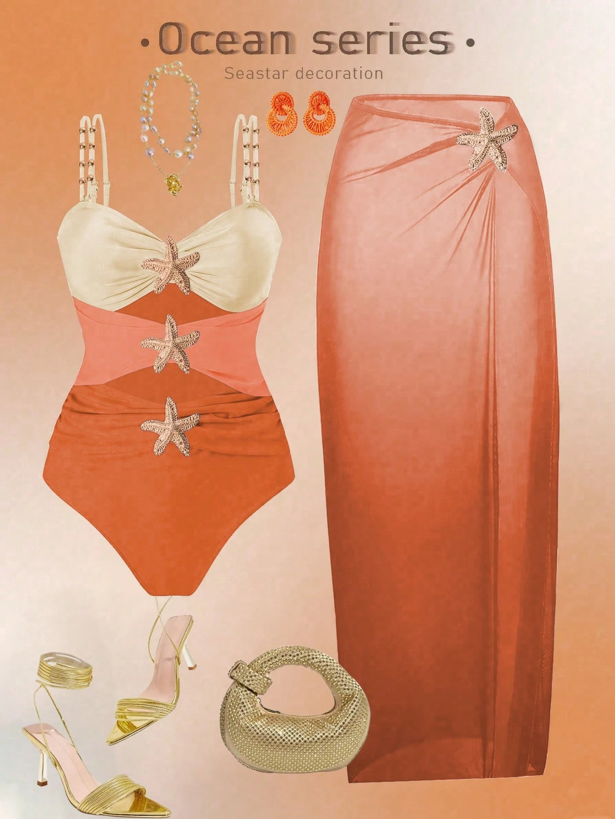 Swim Oasis Plus Size One-Piece Swimsuit, 2pcs Set, Multicolor Metal Starfish Decor, Minimalist Design, Women Summer Beach Vacation Outfit