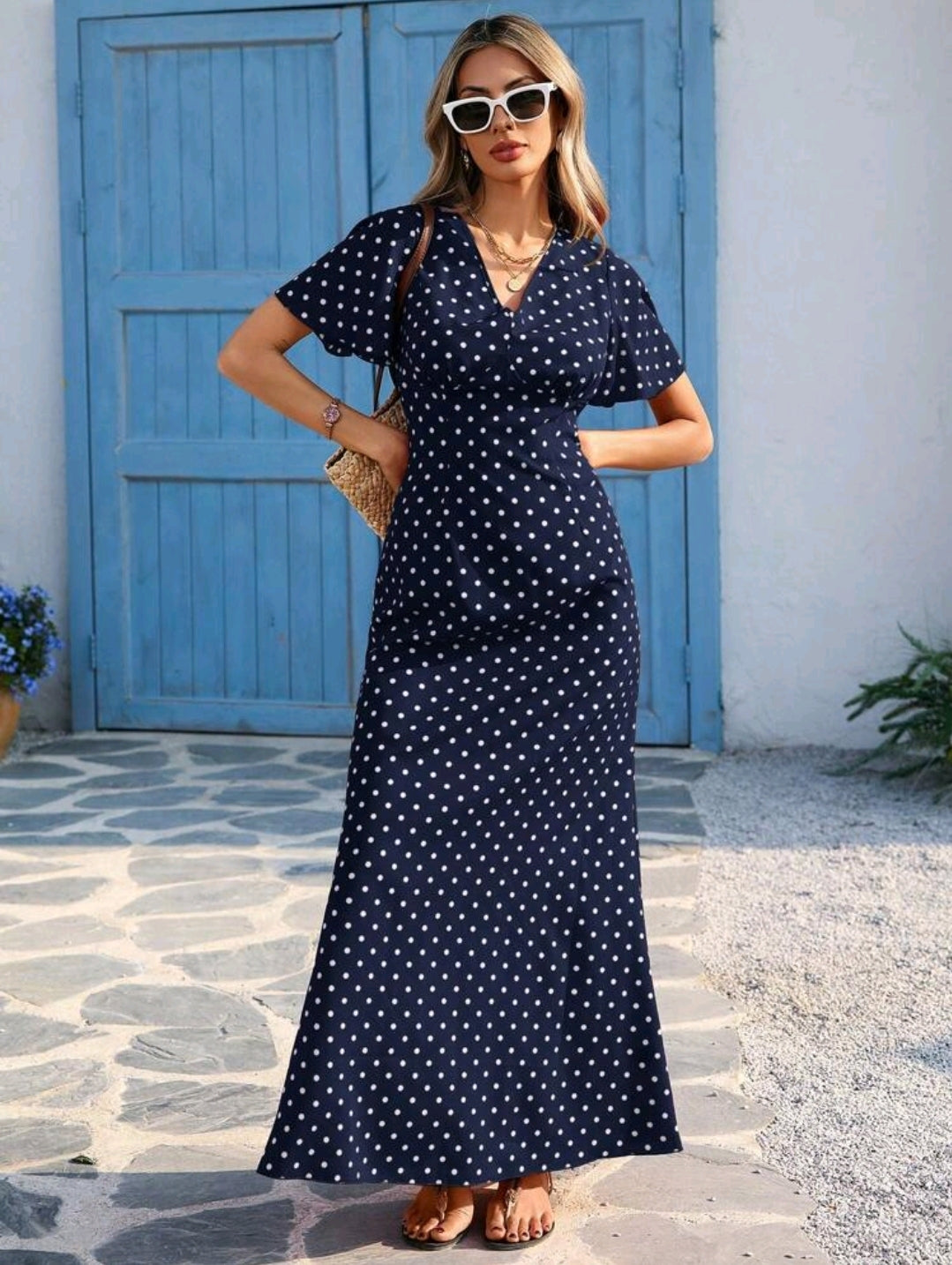 Vivid Eden Wave Pattern V-Neck Short Sleeve Fitted Women's Dress Spring And Summer Outfits, Summer Clothes, Valentine Day, Vacation Outfits Woman, Beach Outfits For Woman, Festival, Romantic And Elegant Clothing, Bohemian, BOHO, Sweet, Rave Outfits Festiv
