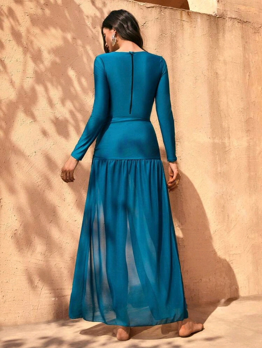 Swim Mulvari Elegant Teal Women's Long-Sleeve Jumpsuit & Sheer Skirt Set -Asymmetrical Metal Buckle & Long Pants Style, Ideal For Vacations Or Festive Occasions