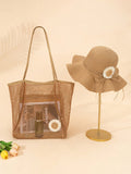 Bohemian Style Wide Brim Sun Hat And Mesh Tote Bag Set, Decorated With Daisy Flowers, Suitable For Summer Beach, Cruise, Swimming Pool, Picnic, Garden Party, Casual, Travel, Outdoor Use, Women Accessories