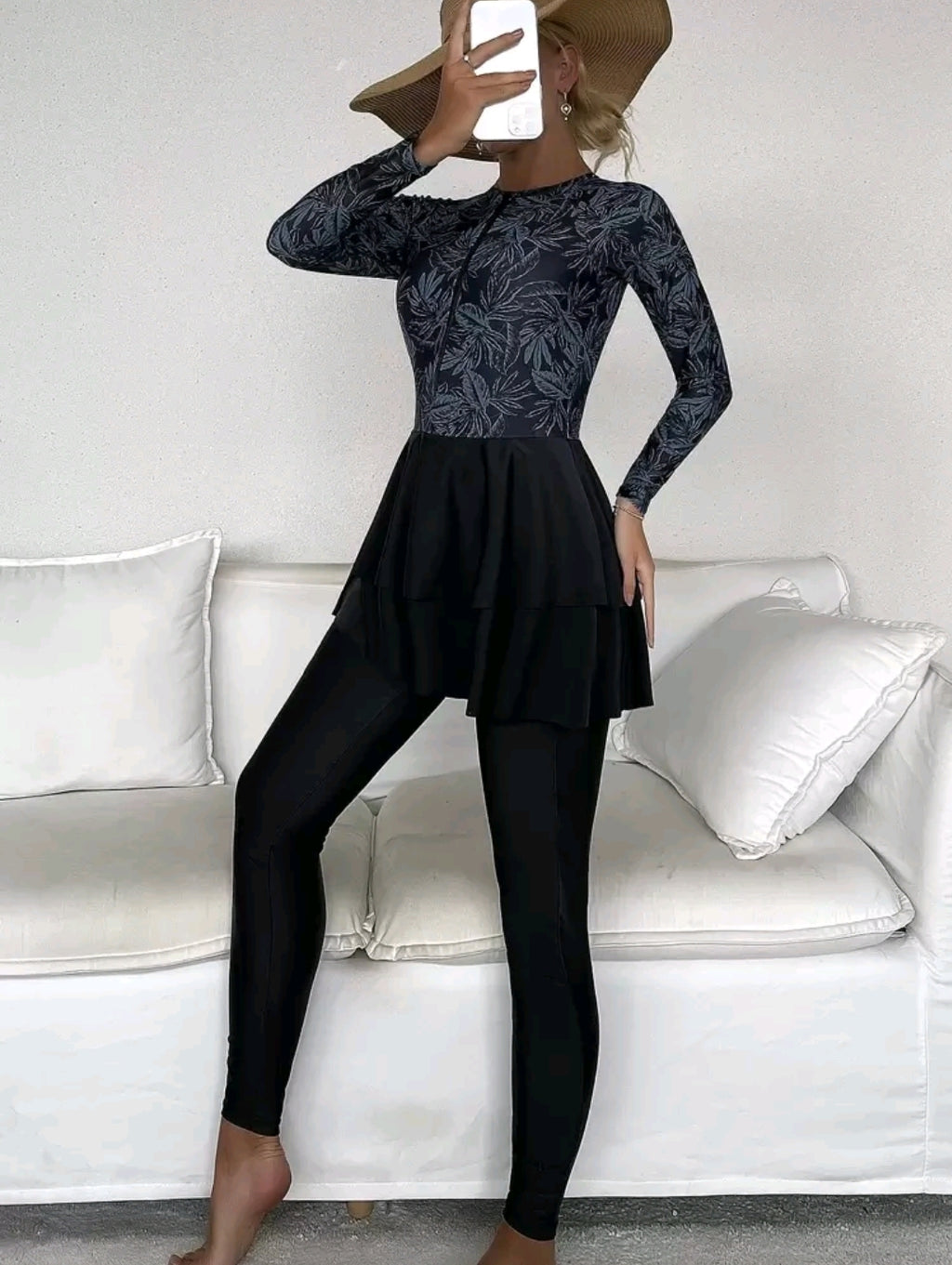 Swim Mulvari Summer Beach Floral Print Tankini Set Long Sleeve Zip Front Full Body Longline Swim Shirt & Leggings Swimsuit