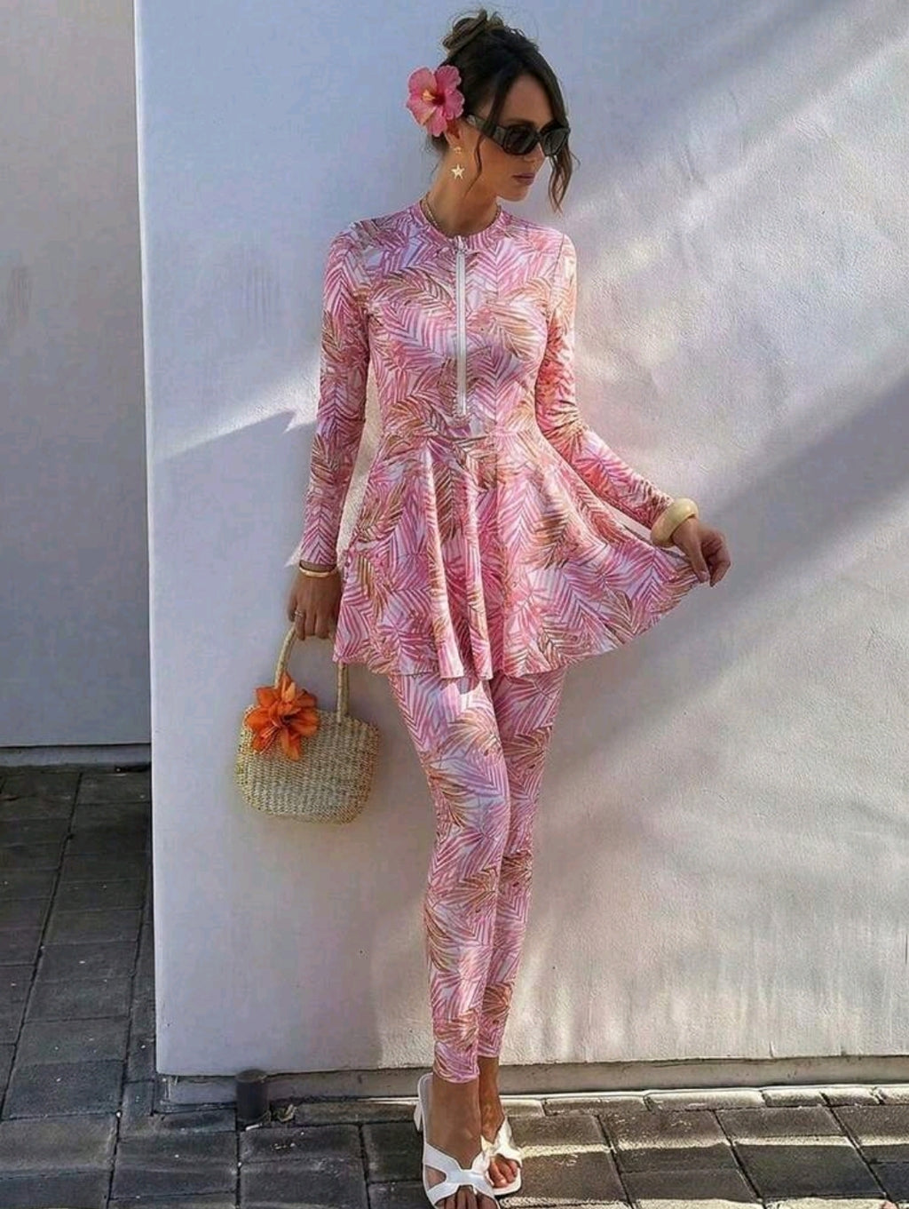 Swim Shayni 2026SS Pink Elegant & Comfortable Vacation Casual Beach Burkini For Women 2026SS New Women's Swimwear Arrival For Holiday, Date, Western, Cruise, Beach, Island, Road Trip, All Seasons, Music Festival, Boho Vacation,Bohemian Vacation, Chill Aut