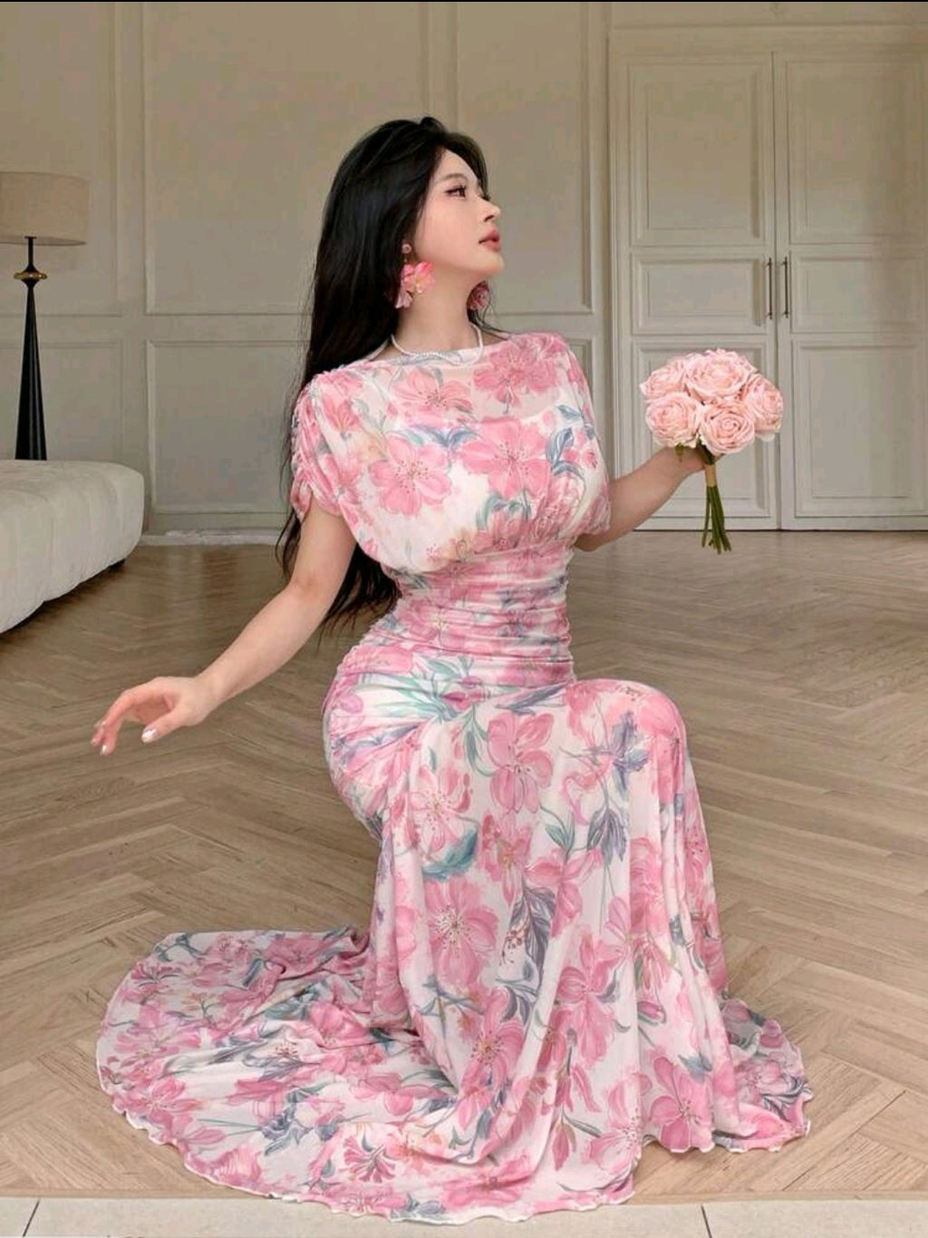Modelyn Elegant Floral Print Chiffon Dress, Pleated Graceful High-End Fashion Summer Evening Gown For Women