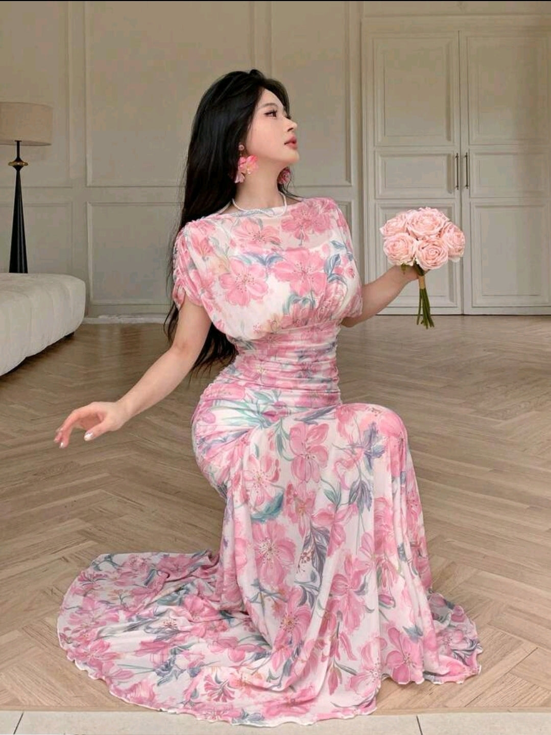 Modelyn Elegant Floral Print Chiffon Dress, Pleated Graceful High-End Fashion Summer Evening Gown For Women