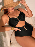 Swim Vcay Summer Plus Size Women Solid One-Piece Hollow Metal Buckle Adjustable Strap Swimsuit