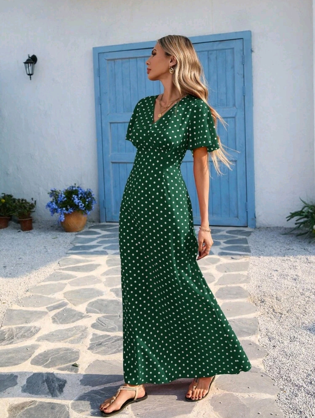 Vivid Eden Wave Pattern V-Neck Short Sleeve Fitted Women's Dress Spring And Summer Outfits, Summer Clothes, Valentine Day, Vacation Outfits Woman, Beach Outfits For Woman, Festival, Romantic And Elegant Clothing, Bohemian, BOHO, Sweet, Rave Outfits Festiv