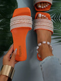 New Plus Size Women Beaded Flat Slide Sandals, Open Toe Lightweight & Comfortable Beach Slippers