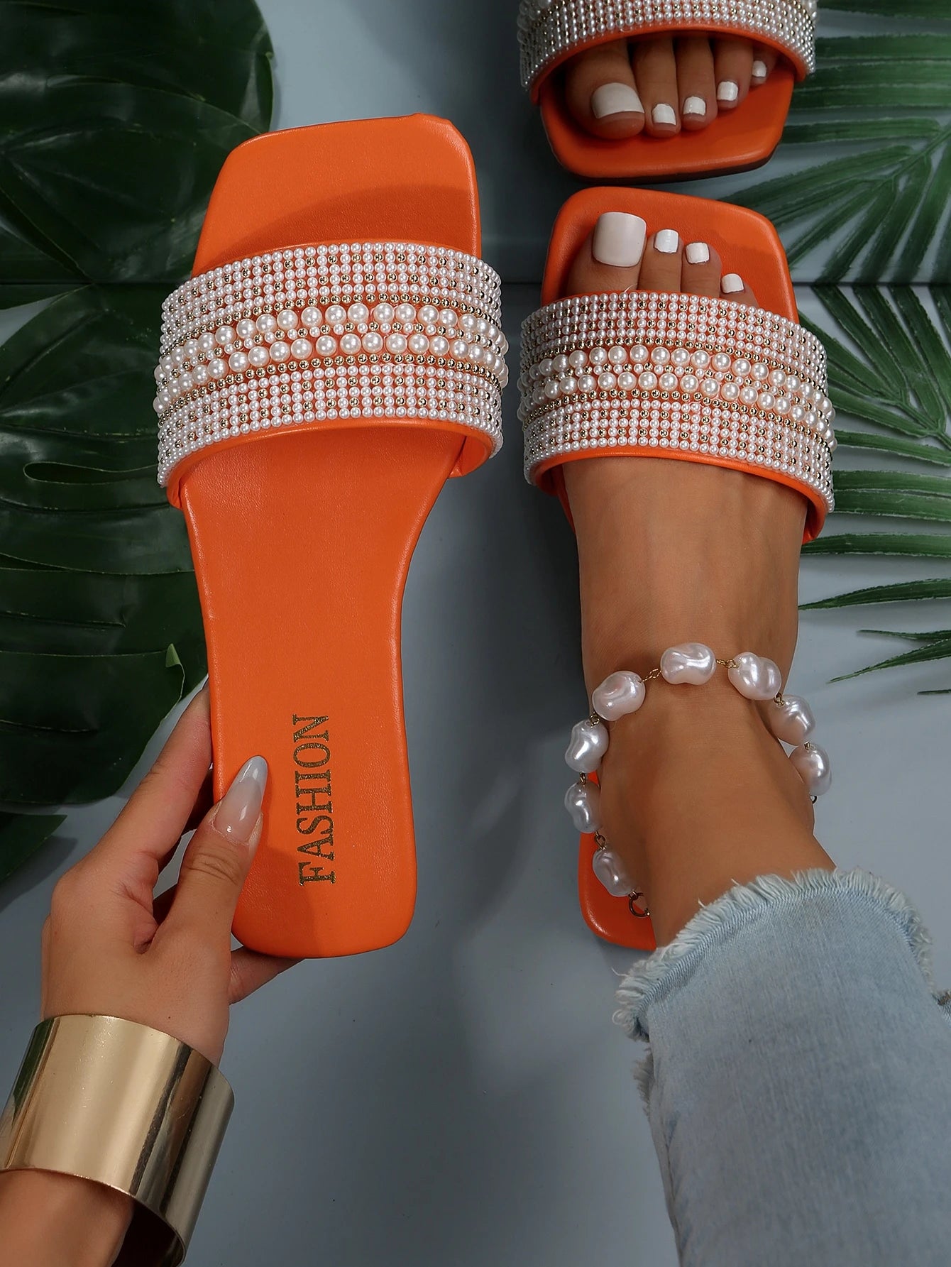 New Plus Size Women Beaded Flat Slide Sandals, Open Toe Lightweight & Comfortable Beach Slippers