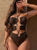 Swim Vcay Brown Shiny Fabric Criss-Cross Drawstring Hollow-Out Sexy Backless One-Piece Swimsuit For Women For Summer Beach Vacation