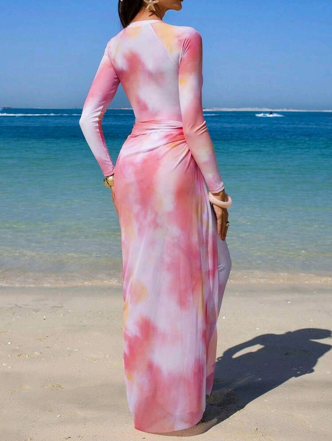 Swim Shayni Spring/Summer Hot Selling Ombre Print Zipper Front Swimwear + Solid Color Elastic Waist Pants + Ombre Print Waist Slit Skirt 3-Piece Burkini Set