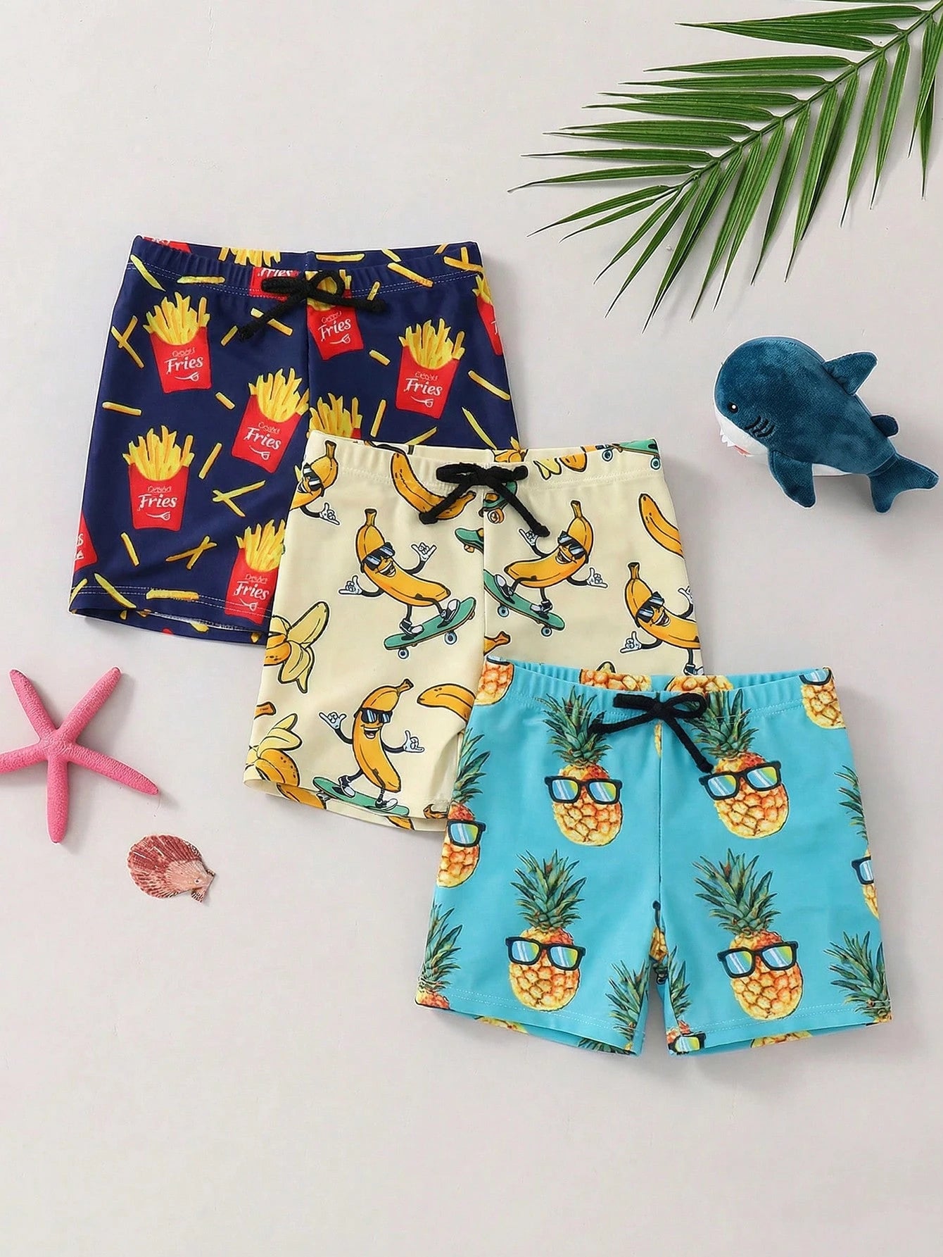 3pcs Young Boy Leisure Vacation Net Color Dopamine Dinosaur Shark Print Color Loose Woven Beach Swimsuit Multi Piece Set, Three Color Three Pieces Set Shorts Swimsuit Beach Swimming Beach Surfing Vacation Spring And Summer