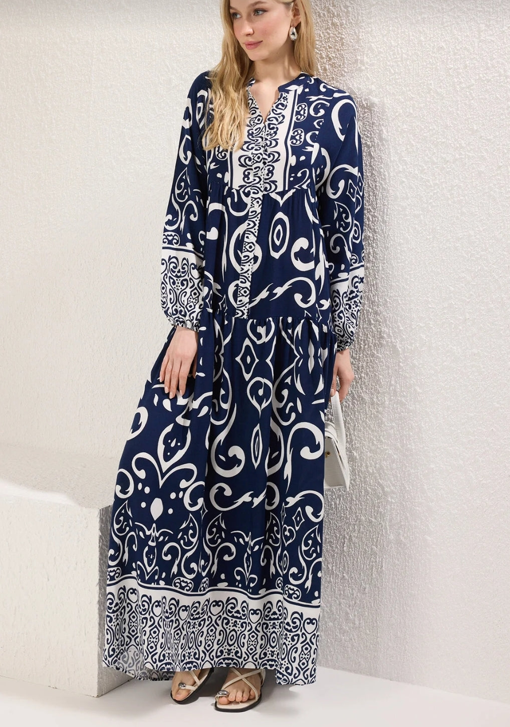 Modest Indigo Patterned Viscose Woven Dress Tctss24Eb00221