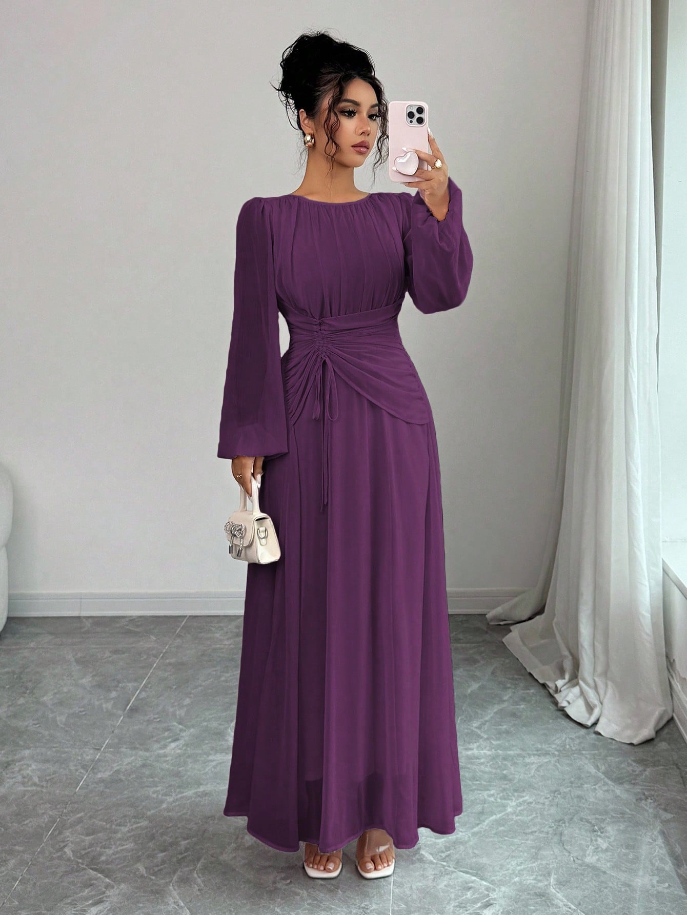 Elenzga Women's French Romantic Sicily Elegant Casual Office Vacation Afternoon Tea Party Round Neck Ruched Waist Drawstring A-Line Elastic Waist Long Sleeve Maxi Dress, Spring/Summer Fall Cloth For Women