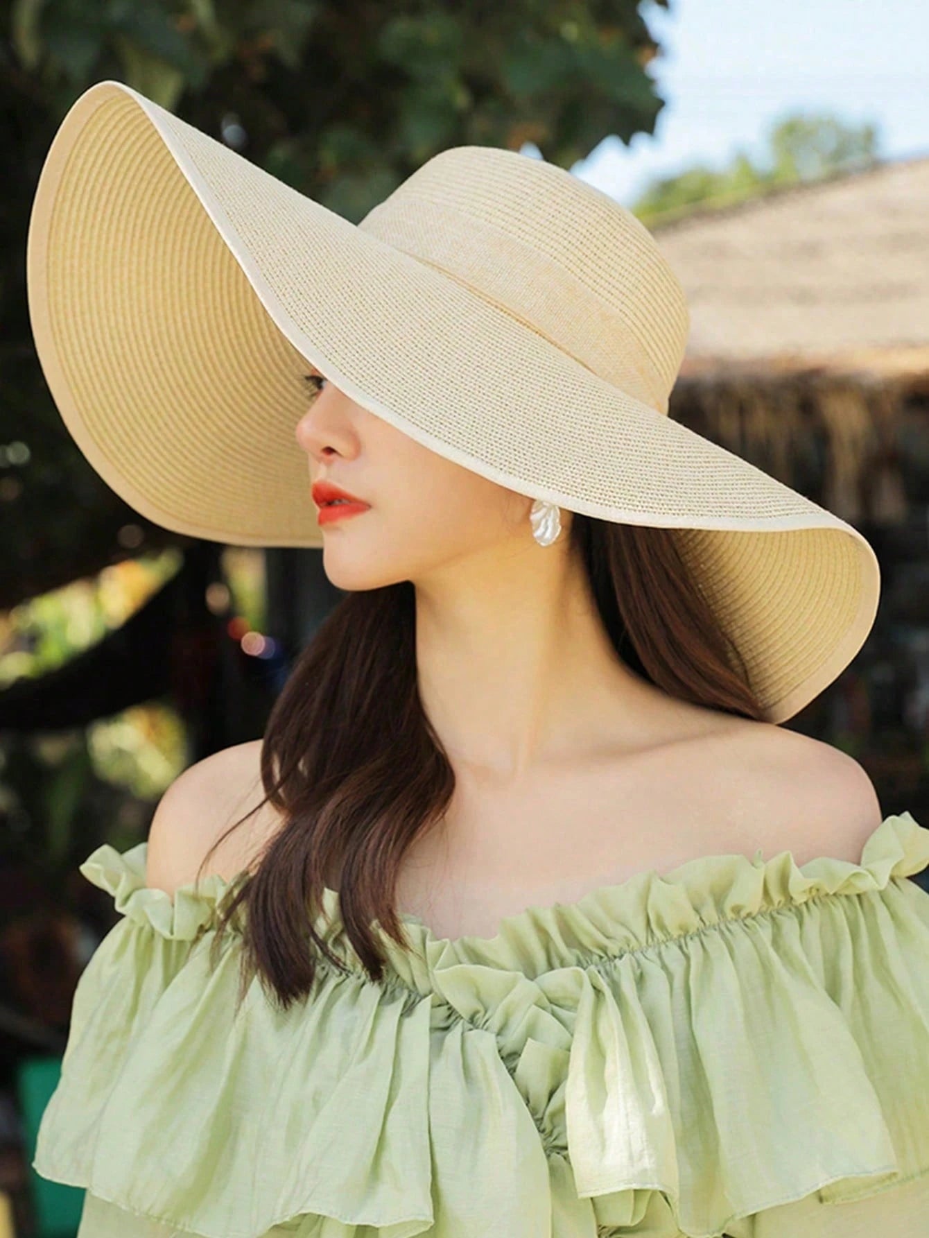 1pc Bow Ribbon Floppy Beach Hat For Women, Large Brim Sun Hat, Vacation Resort Style, Suitable For Outdoor & Summer
