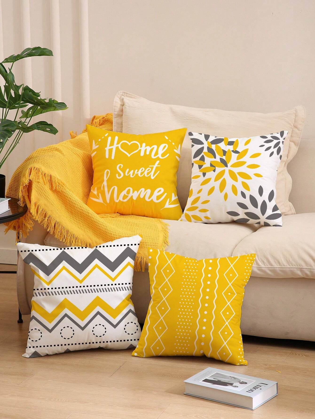 4pcs Yellow & Gray Geometric Patterned Polyester Cushion Cover, Room, Bedroom, Sofa Decoration 18*18 Inches No Pillow Core Included Gifts Birthday Graduation School Decor School Surprise Dormitory Decor Back To School Home Decor Room Decor School Supplies
