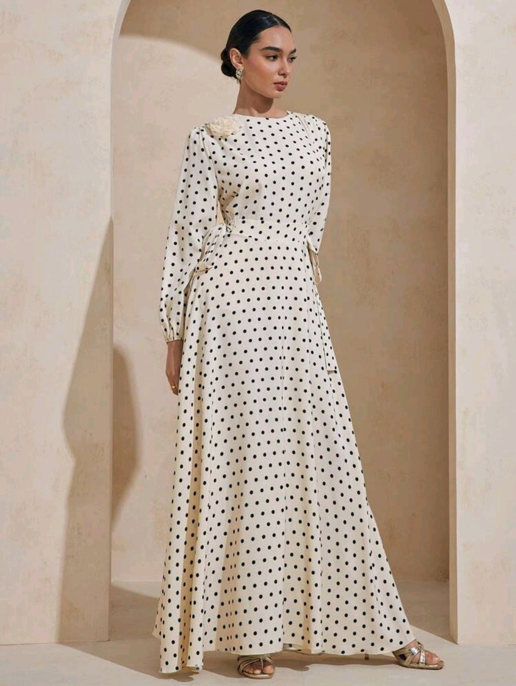 Graceveil Elastic Waist Tie-Up Polka Dot Floral 3D Decor Loose Sleeve Arabic Style Dress Modest Modest Polka Dot Dress