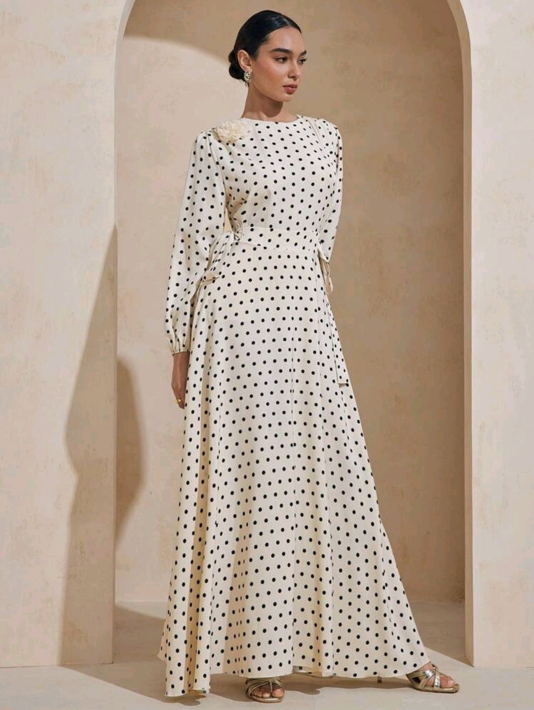 Graceveil Elastic Waist Tie-Up Polka Dot Floral 3D Decor Loose Sleeve Arabic Style Dress Modest Modest Polka Dot Dress