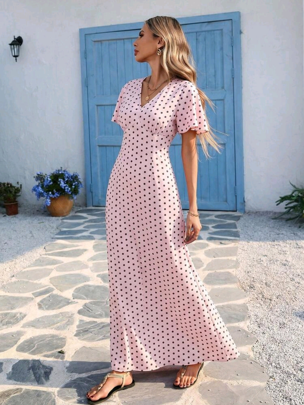 Vivid Eden Wave Pattern V-Neck Short Sleeve Fitted Women's Dress Spring And Summer Outfits, Summer Clothes, Valentine Day, Vacation Outfits Woman, Beach Outfits For Woman, Festival, Romantic And Elegant Clothing, Bohemian, BOHO, Sweet, Rave Outfits Festiv