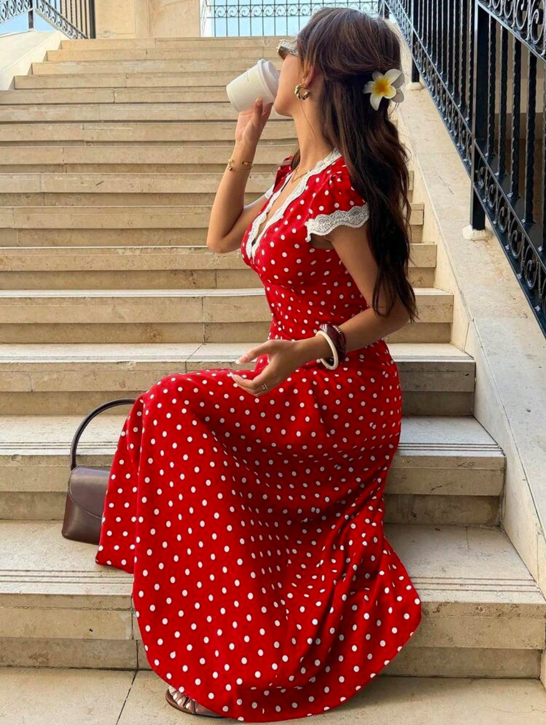 Pariaura Vintage French Wine Red Satin Dress, Women V-Neck Waist Cinched Mid-Length Dress, Elegant Tea Length Dress With Lace, Vacation Vibe