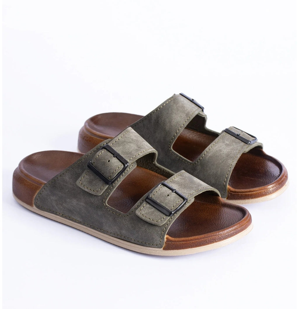 Polomia Comfort Dustin Men's Double Band Buckle Suede Leather-Look
Anatomical Casual Daily Slippers