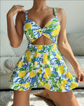 Women Fruit Lemon Print Spaghetti Strap Split Waist Hollow Splice Asymmetrical Hem Tankini & Skirt, Cute Casual Holiday Swimsuit tankini swimdress