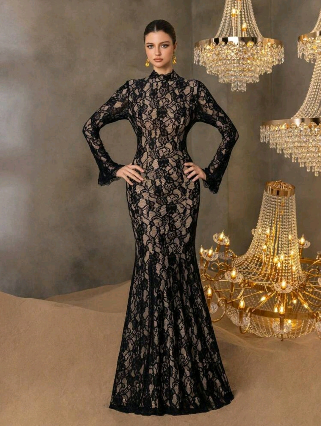 Faeriesty This Elegant Women's Formal Evening Gown Features A Sophisticated Stand Collar, Long Sleeves, And A Captivating Mermaid-Style Skirt, Making It Suitable For Grand Weddings, Luxurious Ballroom Galas, High-End Corporate Events, Exclusive Charity Di