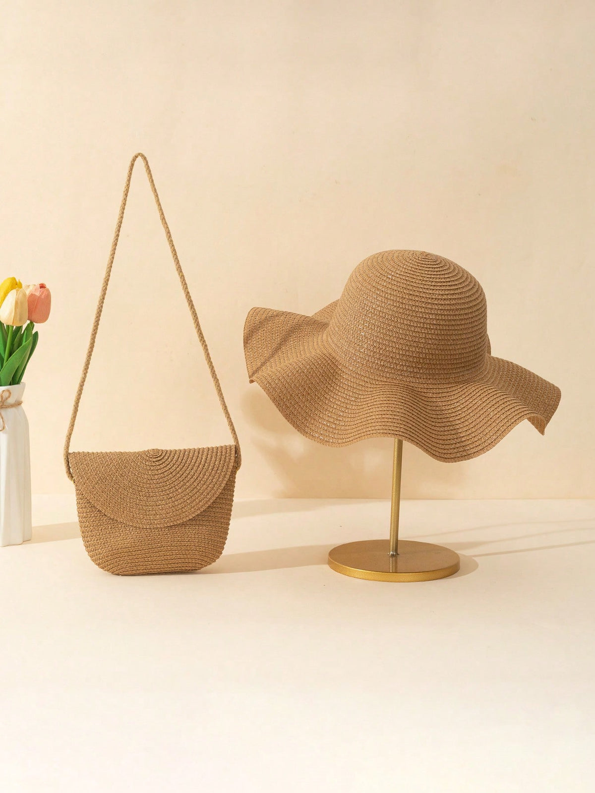 2pcs Women Khaki Wavy Bow Beach Sun Hat & Straw Crossbody Bag Set, Suitable For Beach Vacation