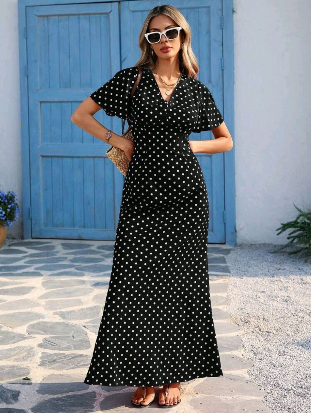 Vivid Eden Wave Pattern V-Neck Short Sleeve Fitted Women's Dress Spring And Summer Outfits, Summer Clothes, Valentine Day, Vacation Outfits Woman, Beach Outfits For Woman, Festival, Romantic And Elegant Clothing, Bohemian, BOHO, Sweet, Rave Outfits Festiv