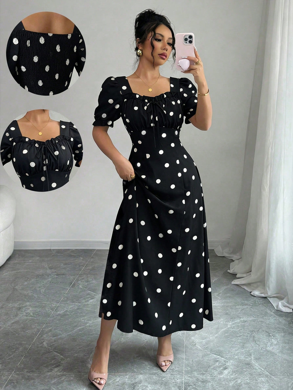 Rafferiza Stylish Women's Black Polka Dot A Line Long Dress With Sweetheart Neckline And Short Puff Sleeves