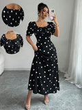 Rafferiza Stylish Women's Black Polka Dot A Line Long Dress With Sweetheart Neckline And Short Puff Sleeves