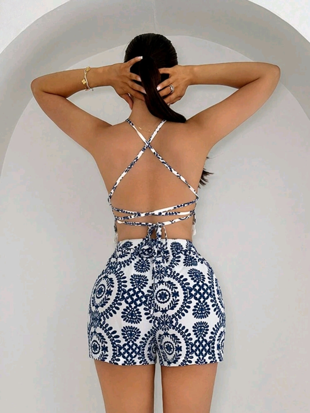 SHEIN SXY Beach;Women Vacation Leisure Full Print Fringed Hem With Tie Strap Backless Halter Top And Shorts Set