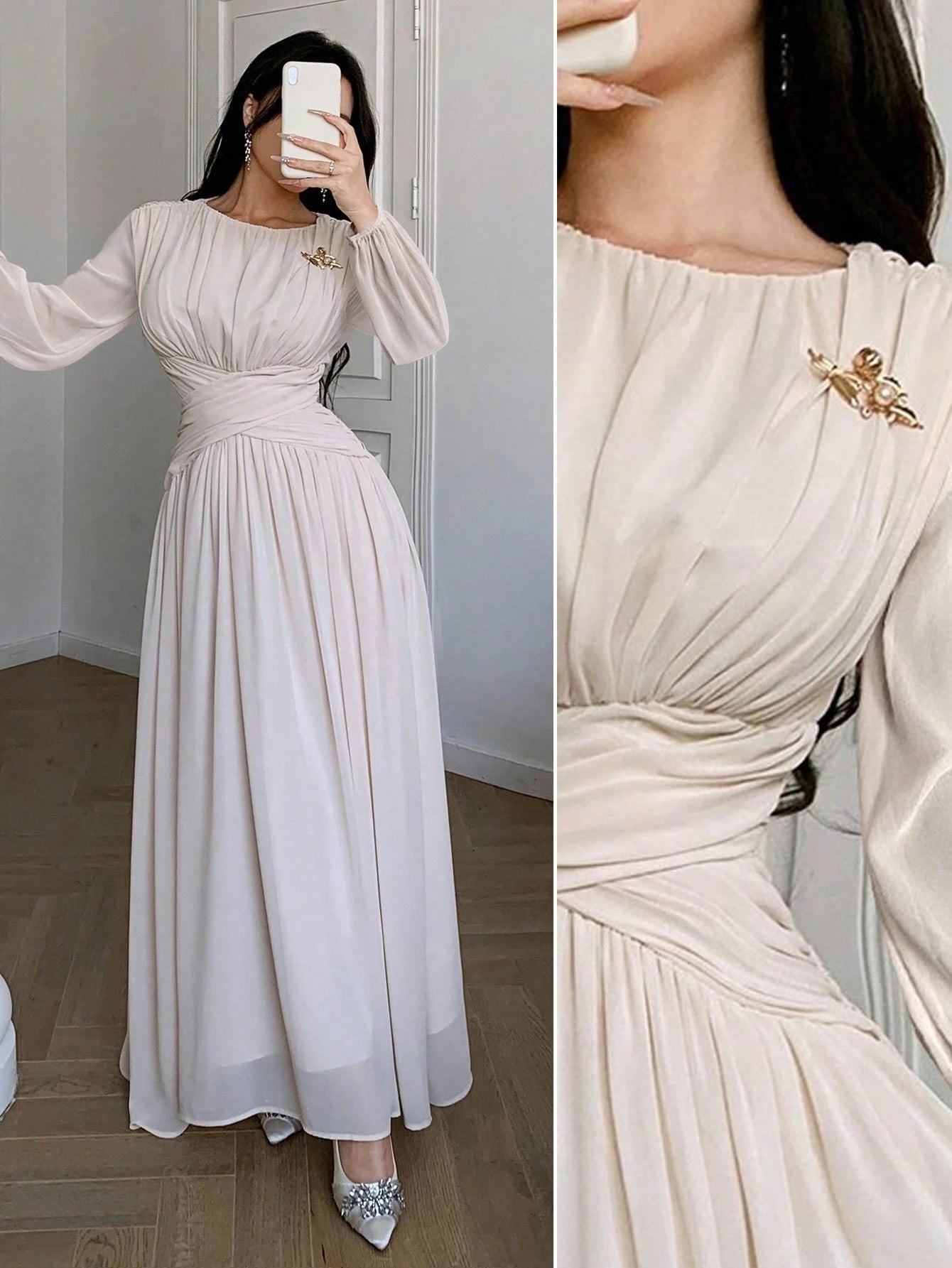 Feyla Women's Elegant Ruched Waist Lantern Sleeve Mid-Length Dress